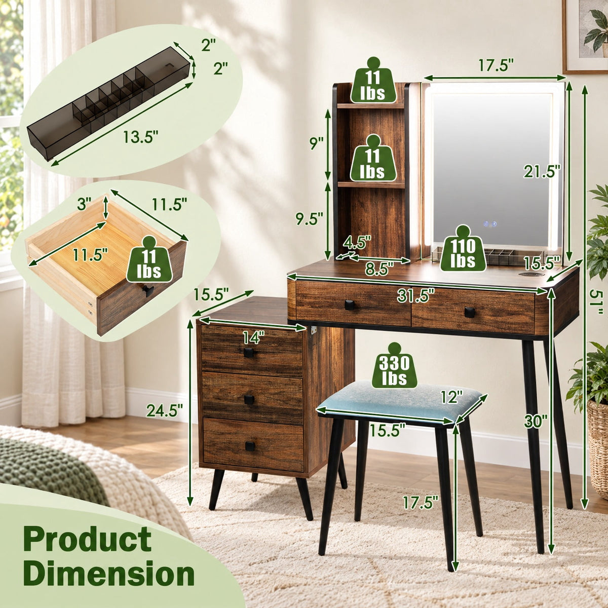 Airfind Vanity Makeup Table Set with Lighted Mirror, 330 lbs Capacity, MDF glass steel Frame, 31.5in x 15.5in x 51in Footprint, Brown