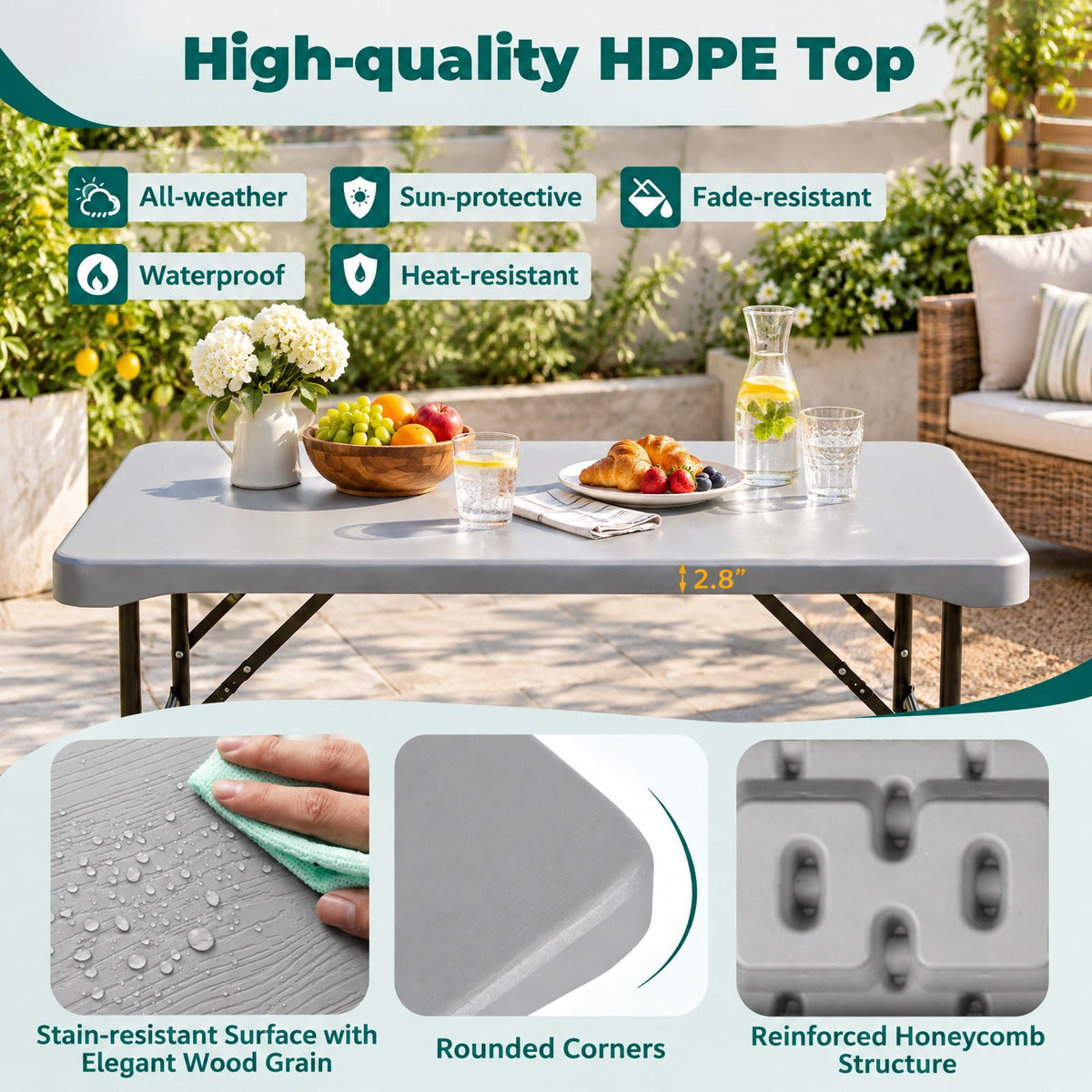 Airfind 44 Inch HDPE Folding Picnic Table Set with 2 Benches, 110 lbs Capacity, HDPE Metal Frame, 44 Inch x 24 Inch x28 Inch Footprint, Grey