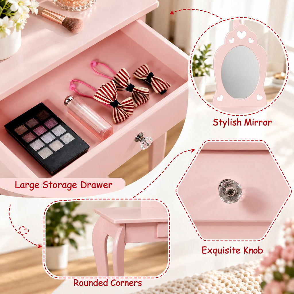 Airfind Kids Princess Makeup Dressing Play Table Set with Mirror, 33 lbs Capacity, MDF pine Frame, 27.5 Inch x 13.5 Inch x 41.5 Inch Footprint, Pink
