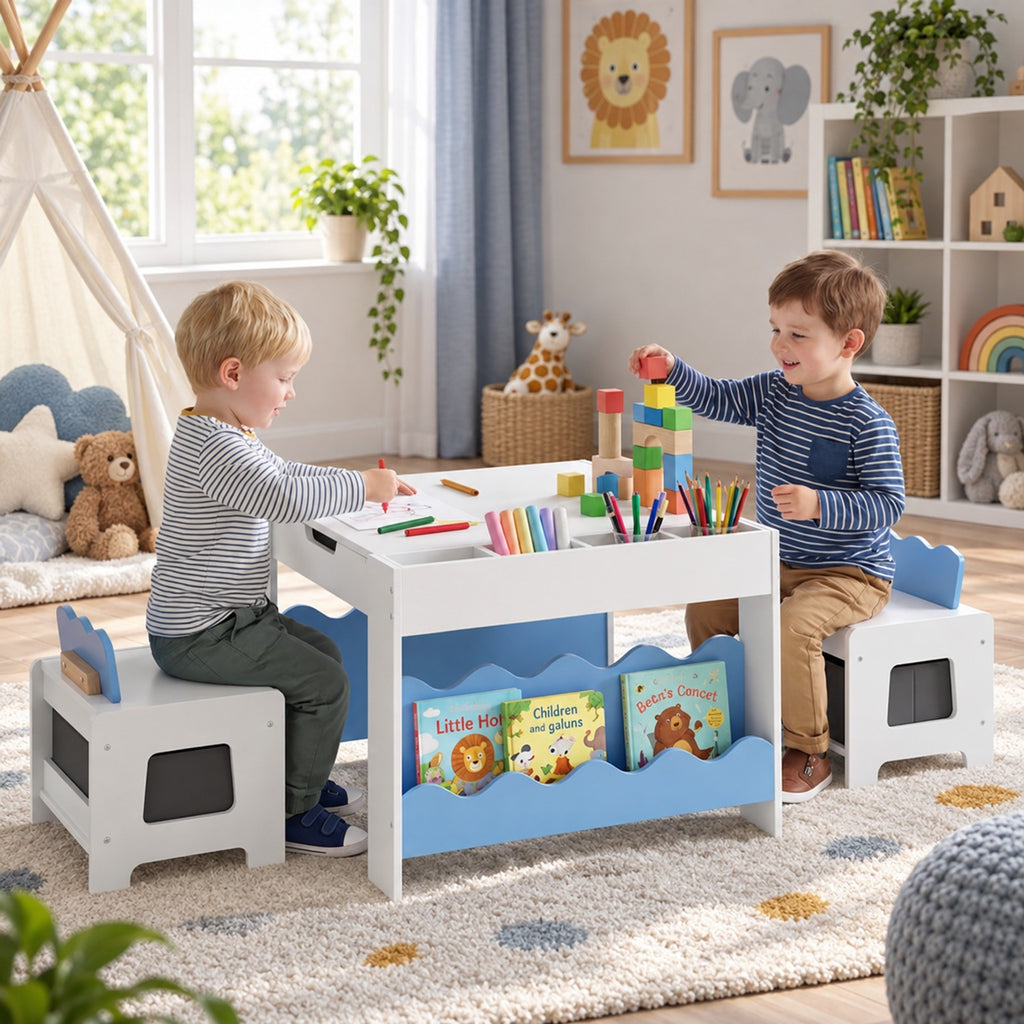 Airfind Multi-purpose Activity Kids Table and Chairs Set with Double-sided Tabletop, 55 lbs Capacity, MDF Frame, 26 Inch x 25 Inch x 19 Inch Footprint, Blue