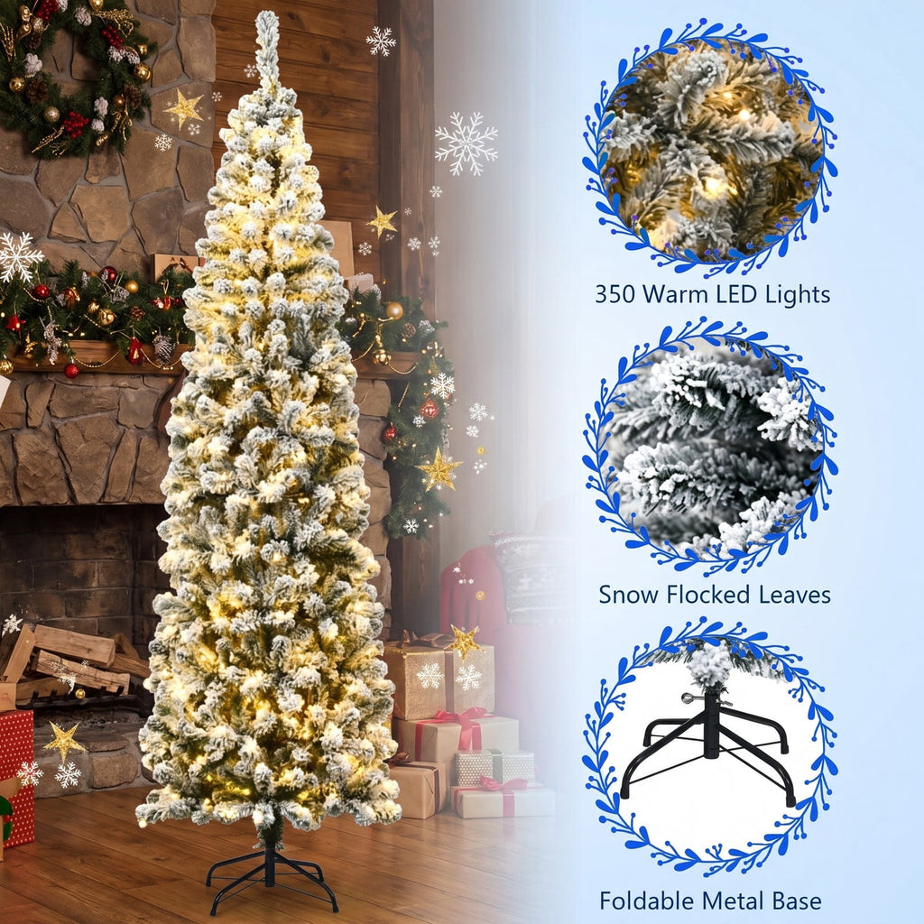 AIRFIND 7.5 ft Pre-Lit Pencil Christmas Tree with 350 Warm White LED Lights, 641 Flocked Branch Tips, Hinged Sections and Folding Metal Stand
