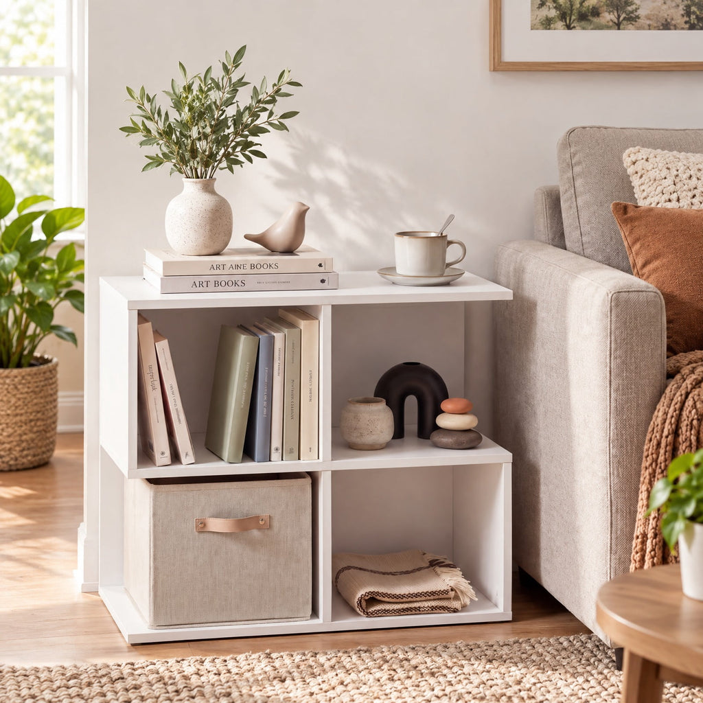 Airfind 3-Tier Modern S-shaped End Table with 4 Storage Cubes, 88 lbs Capacity, Engineered Wood Frame, 24 x 11.5 x 17 Footprint, White