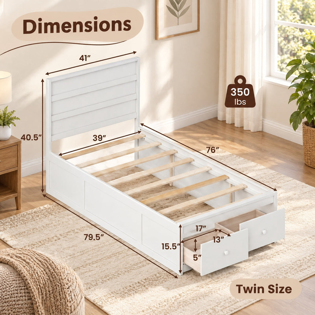Airfind Twin Size Bed Frame with Storage Drawers and Headboard, 350 lbs Capacity, Solid Wood Plywood Engineered Wood MDF Frame, White