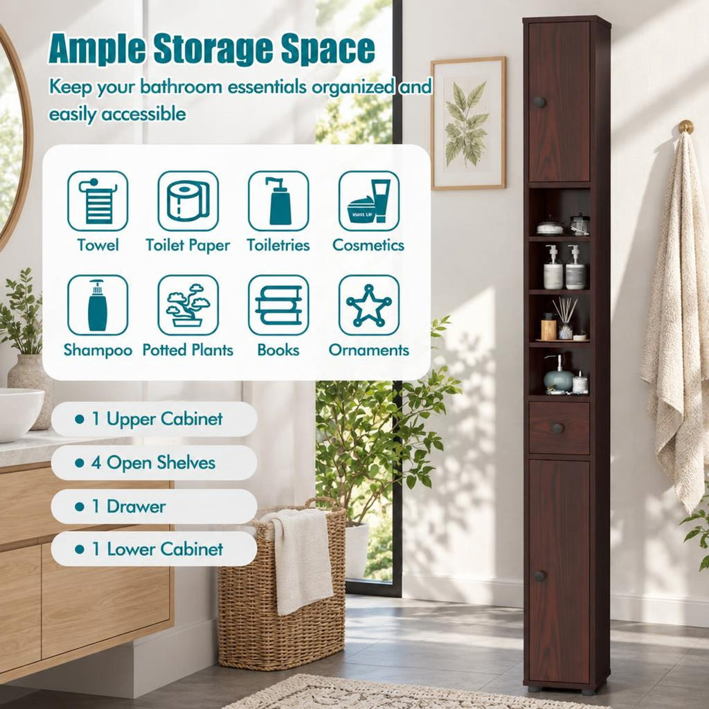 Airfind Freestanding Slim Bathroom Cabinet with Drawer and Adjustable Shelves, 110 lbs Capacity, MDF Frame, 8in x 8in x 71in Total Footprint, Brown