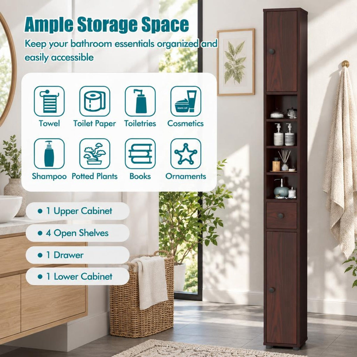 Airfind Freestanding Slim Bathroom Cabinet with Drawer and Adjustable Shelves, 110 lbs Capacity, MDF Frame, 8in x 8in x 71in Total Footprint, Brown