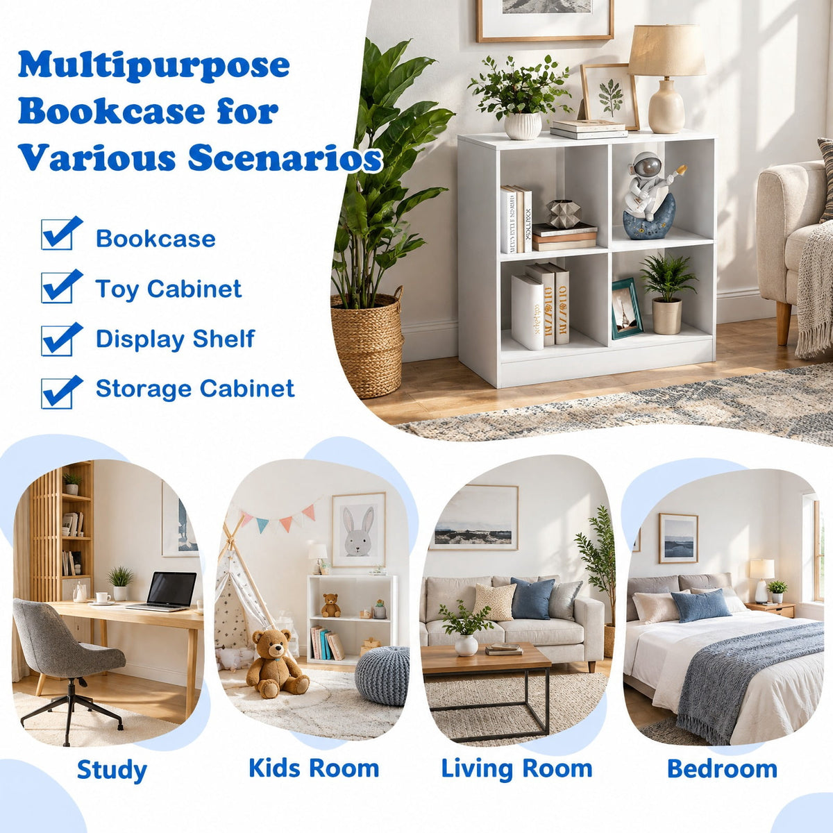 Airfind 4-Cube Kids Bookcase with Open Shelves, 60 lbs Capacity, Engineered wood Frame, 29 Inch x 13 Inch x 29 Inch Footprint, White