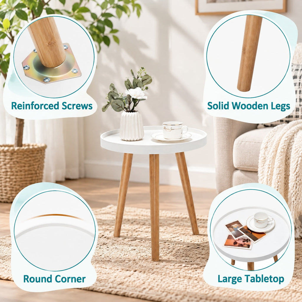 Airfind Round Side Sofa Coffee Table with Wooden Tray, 33 lbs Capacity, MDF panel bamboo feet Frame, White