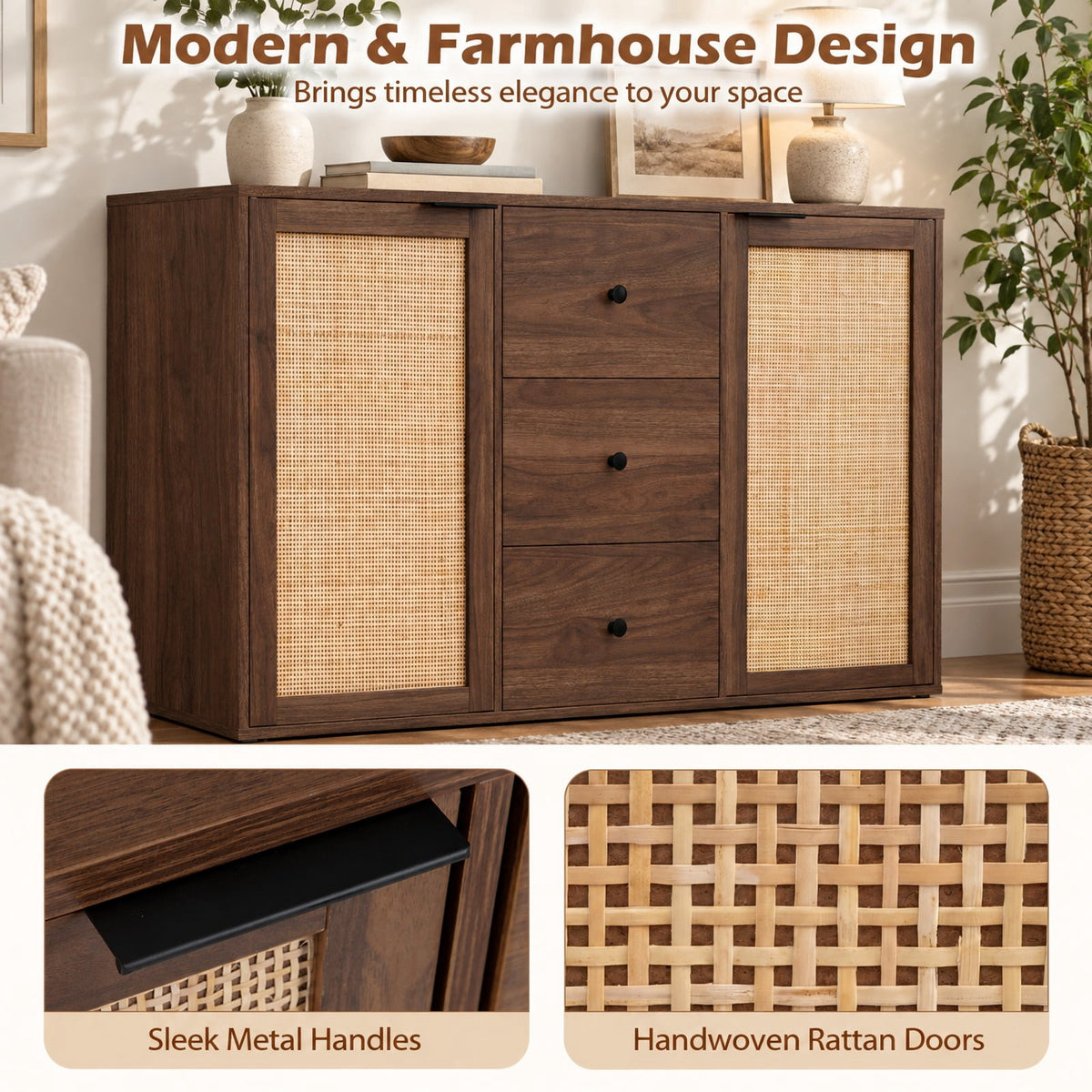 Airfind Sideboard Buffet Cabinet Rustic Farmhouse Coffee Bar Table with 2 Rattan Doors and 3 Drawers, 110 lbs Capacity, Engineered Wood Frame, Brown