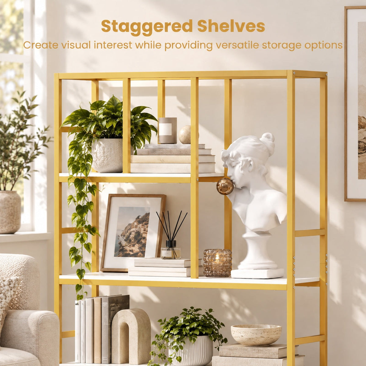 Airfind 71 Inch Tall Bookshelf Metal Frame 5-Tier Geometric Bookcase-White and Golden, 44 lbs Capacity, Metal Engineered Wood Frame, White