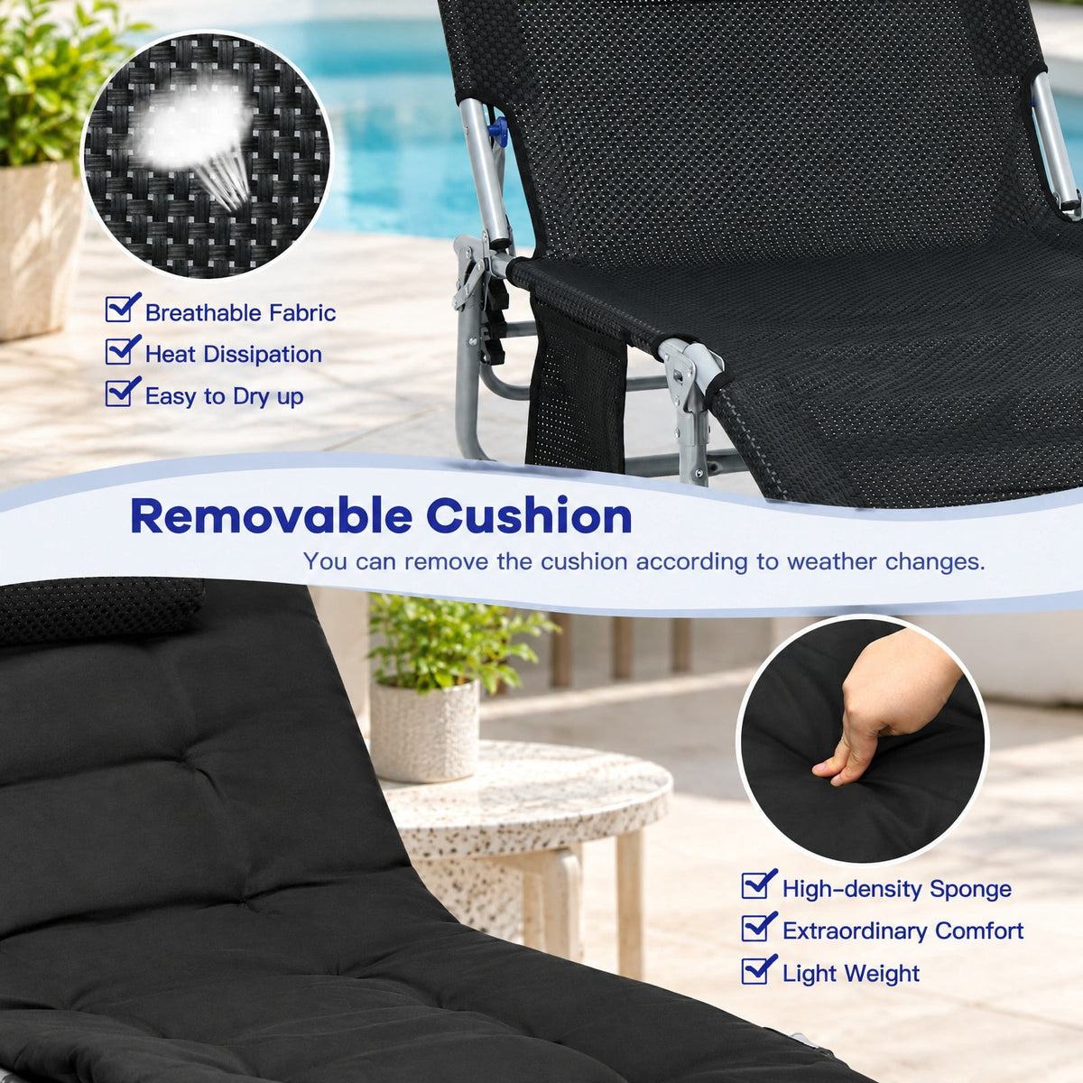 Airfind 4-Fold Oversize Padded Folding Lounge Chair with Removable Soft Mattress, 330lbs Capacity, Steel fabric sponge Frame, Black
