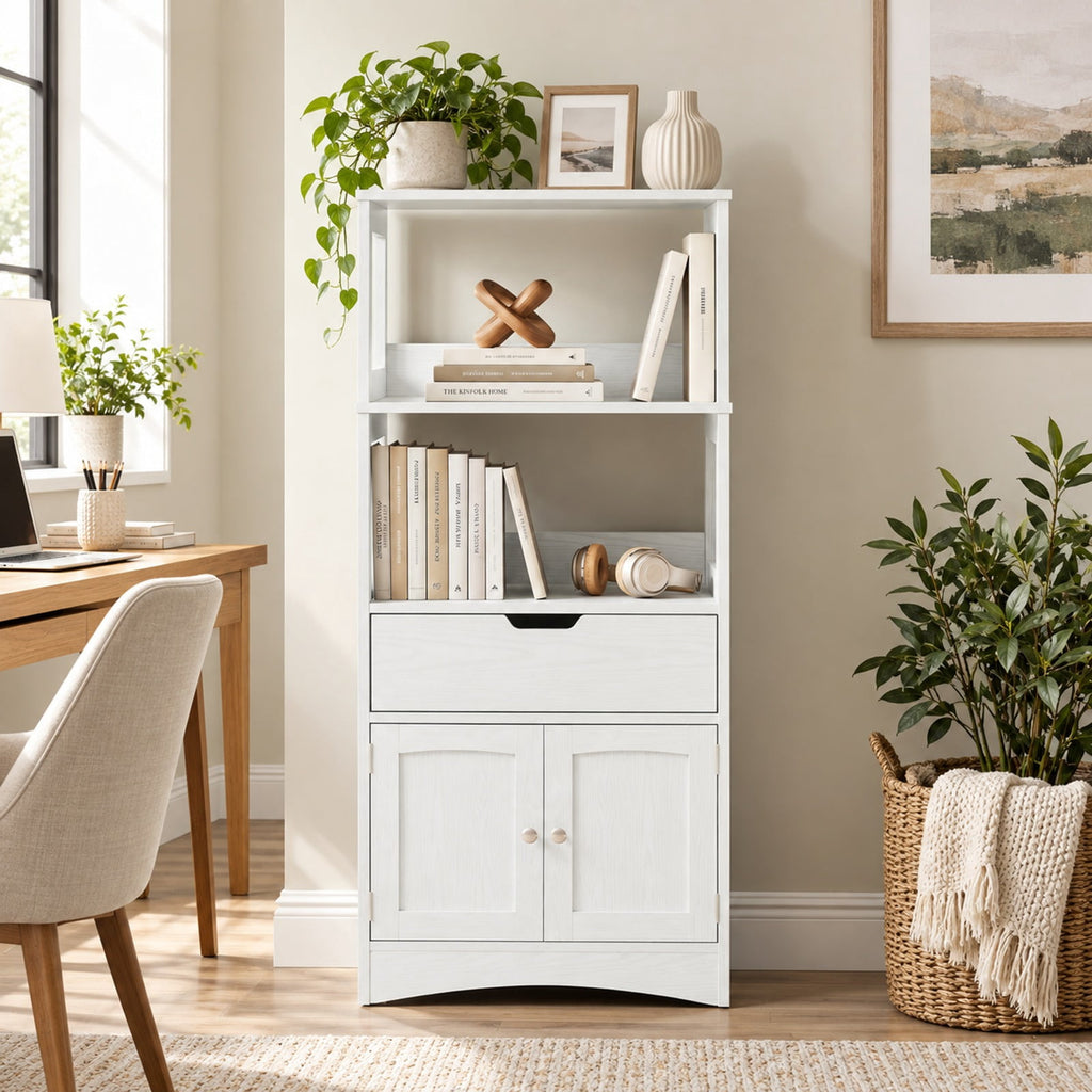 Airfind Bathroom Storage Cabinet with Open Shelves and Drawer, 110 lbs Capacity, Engineered Wood Frame, 24in x 13in x 48in Footprint, White
