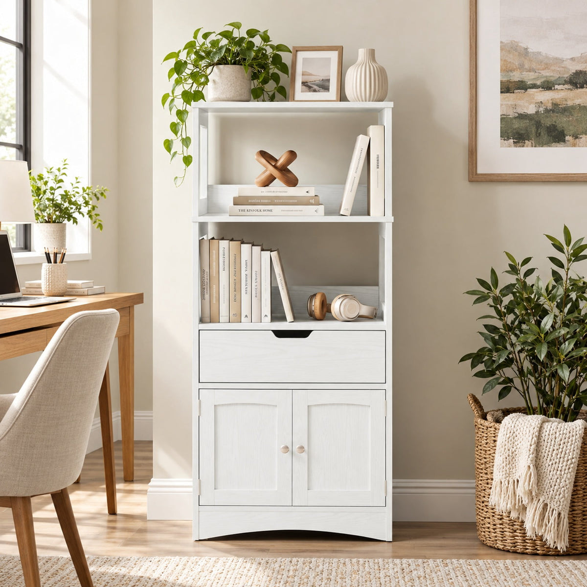 Airfind Bathroom Storage Cabinet with Open Shelves and Drawer, 110 lbs Capacity, Engineered Wood Frame, 24in x 13in x 48in Footprint, White