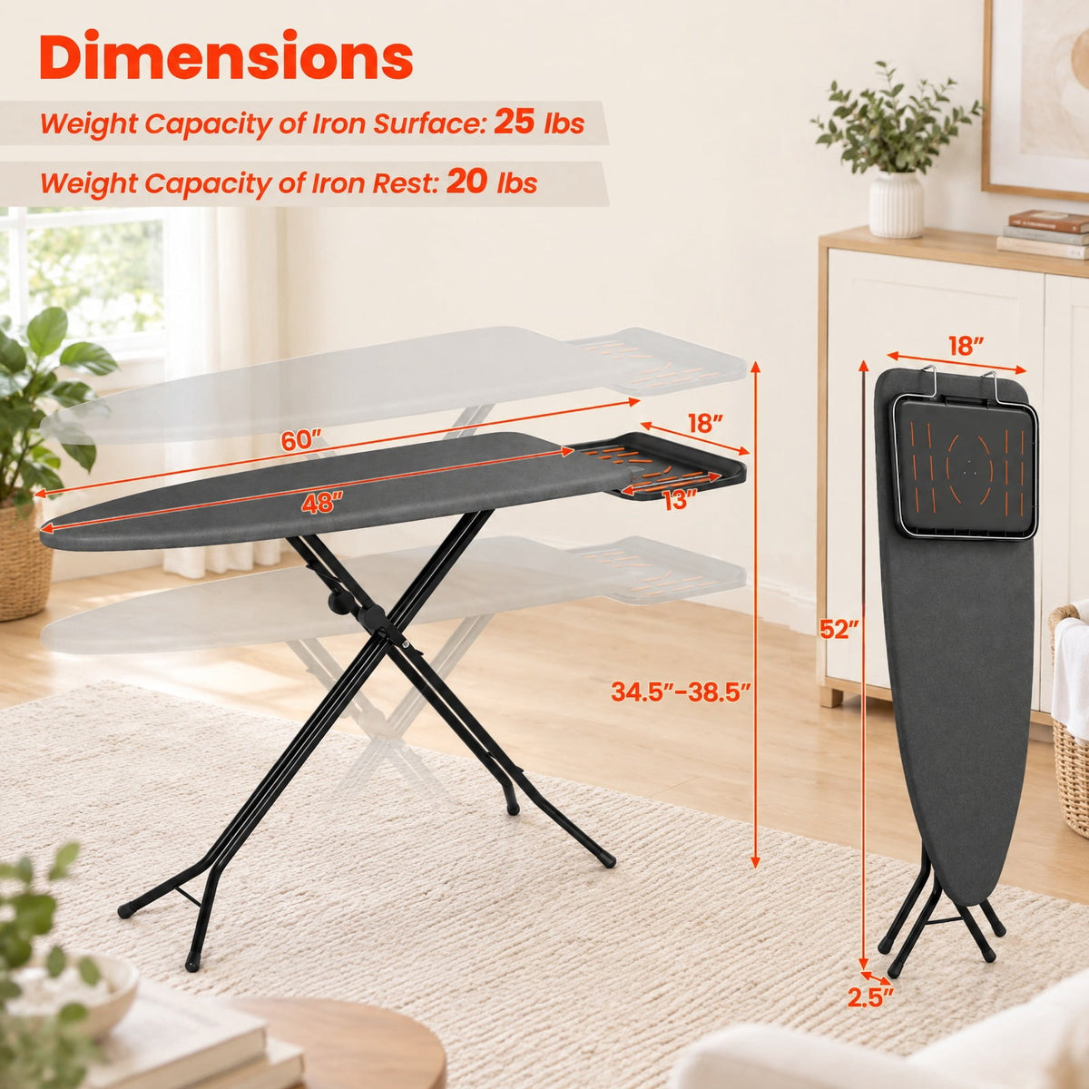 Airfind Foldable Full Size Ironing Board with Collapsible Iron Rest for Laundry Room, 45 lbs Capacity, Fabric Felt Steel Frame, Gray