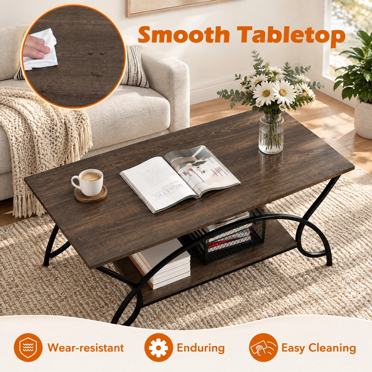 Airfind 2-Tier wood grain Coffee Table with wood grain top and Metal Frame, 110 lbs Capacity, Engineered wood steel Frame, Oak