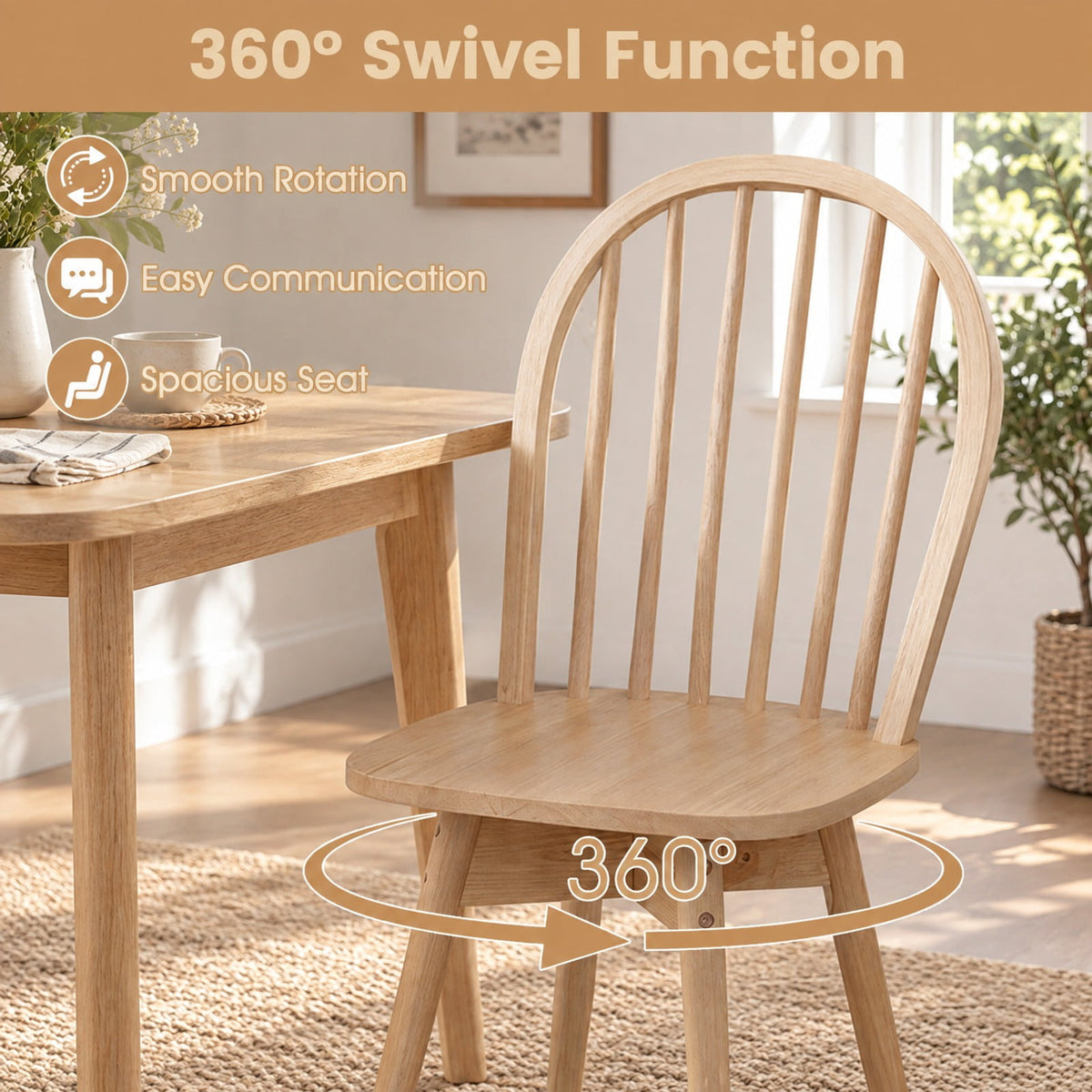 Airfind Dining Chairs, Swivel Windsor, Set of 2 with Solid Rubber Wood Frame, Chair 330 lbs Capacity, Rubber Wood Frame, 17.5 Inch x 21 Inch x 36 Inch, Natural