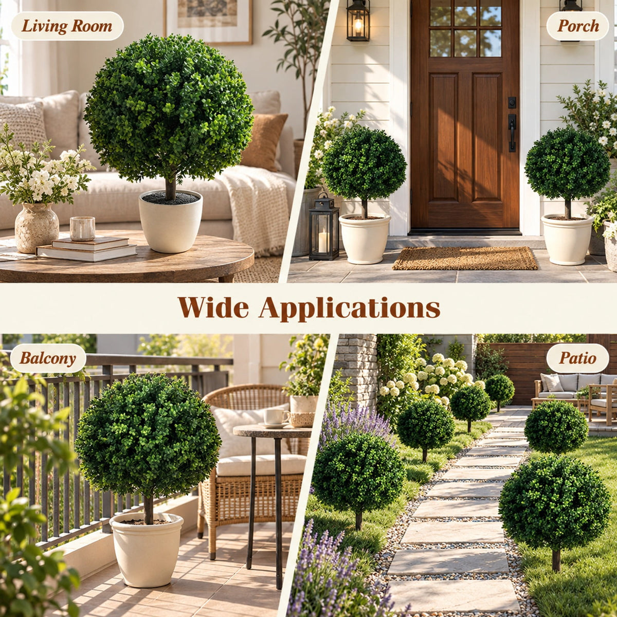 Airfind 27 Inch Artificial Boxwood Topiary Trees Set of 2 with Ground Spikes for Porch Patio, 14 Inch x 27 Inch Length of Ground Spike 8 Inch Total Footprint