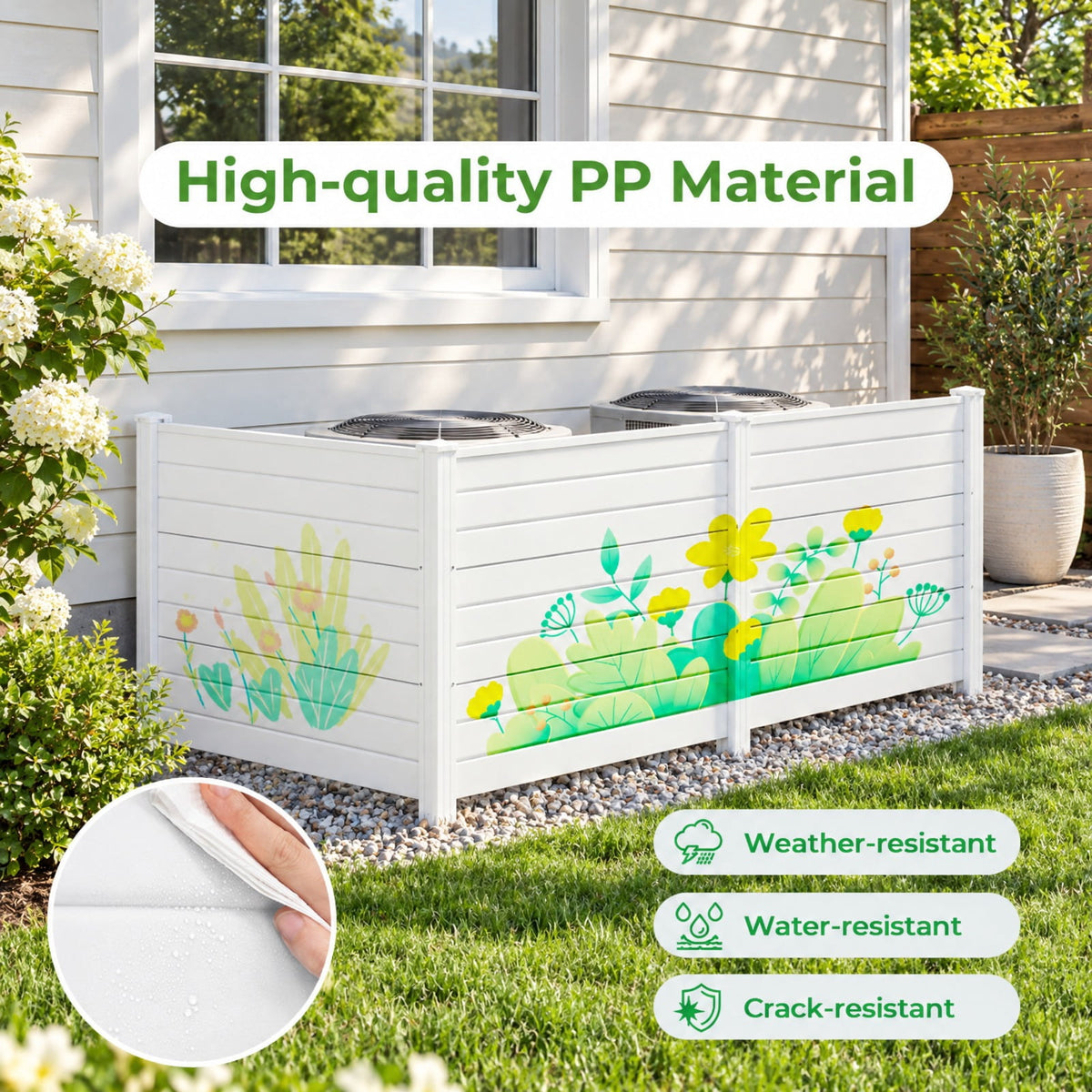 Airfind 48 x 38 Inch Air Conditioner Fence 3 Panels with Metal Ground Stakes for Patio Backyard, PP ABS Galvanized Metal Frame, White