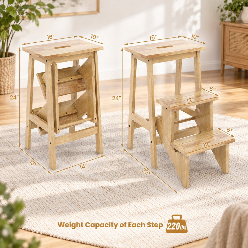 Airfind 3-in-1 Rubber Wood Step Stool with Convenient Handle, Rubber wood Frame, 22 x 16 x 24 Footprint, Natural