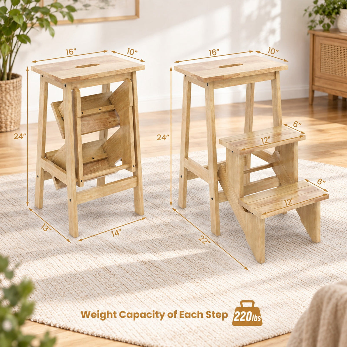 Airfind 3-in-1 Rubber Wood Step Stool with Convenient Handle, Rubber wood Frame, 22 x 16 x 24 Footprint, Natural