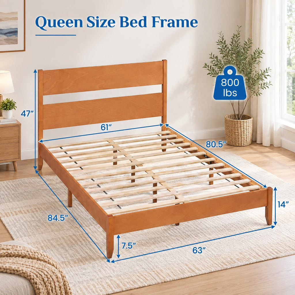 Airfind Queen Bed Frame with Headboard and Solid Wood Legs 12 Slats, 800 lbs Capacity, Rubber Wood Engineered Wood LVL Frame, Wood