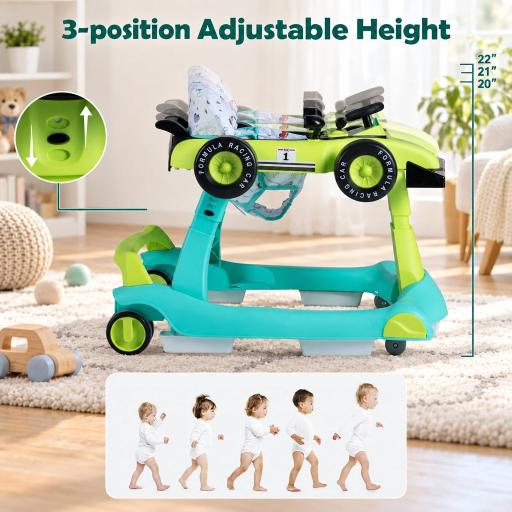 AIRFIND Baby Walker with 4 Activity Modes, 3 Adjustable Heights, Music and Lights, Rear Wheel Speed Control and Folding Frame, Green