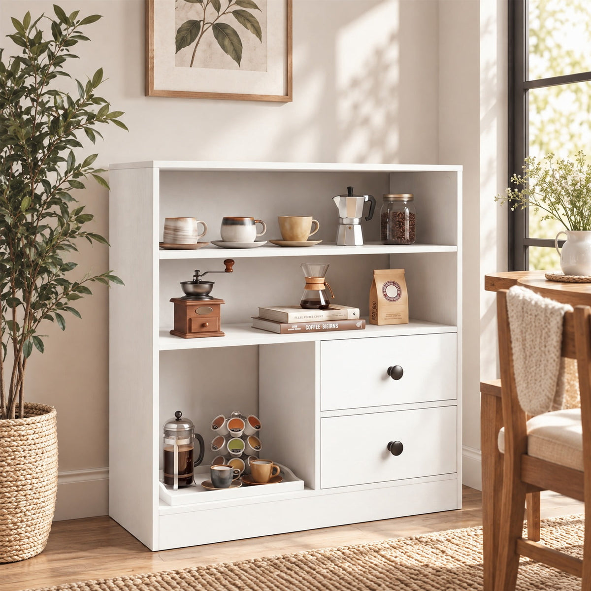 Airfind Open Storage Cabinet with 3 Open Compartments and 2 Drawer, 44 lbs Capacity, Engineered Wood Fabric Frame, 27.5 x 12 x 27.5 Footprint