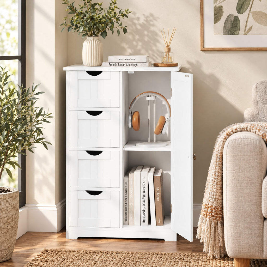 Airfind Standing Indoor Wooden Cabinet with 4 Drawers, 143 lbs Capacity, MDF Engineered Wood Frame, 21.5 Inch x 12 Inch x 32.5 Inch Footprint, White