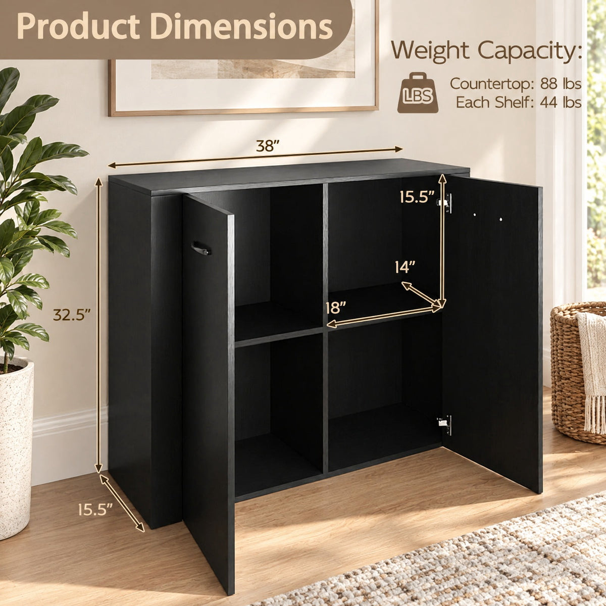Airfind 38 Inch Buffet Modern Sideboard Cabinet with Storage, 88 lbs Capacity, Engineered Wood Frame, 38 Inch x 15.5 Inch x 32.5 Inch Footprint, Black