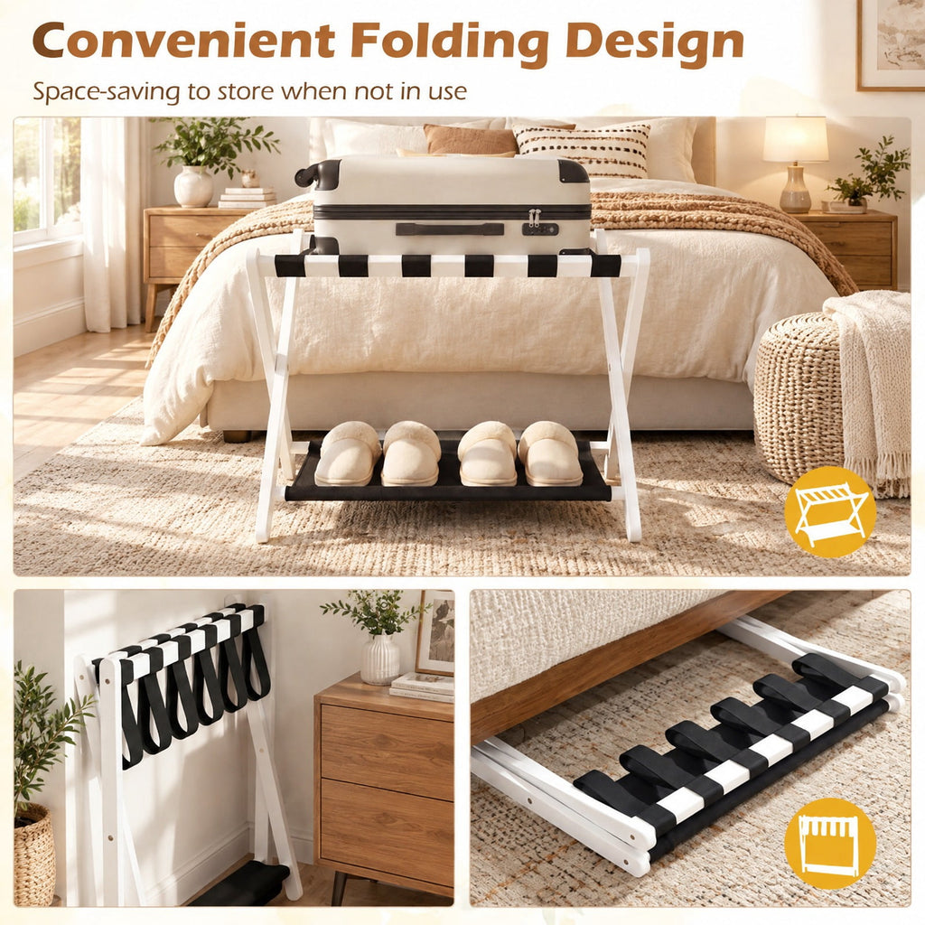 Airfind Solid Rubberwood Folding Luggage Rack with Nylon Shelves, 110 lbs Capacity, Rubberwood Nylon Frame, 26.5 x 18 x 20.5 Footprint, White