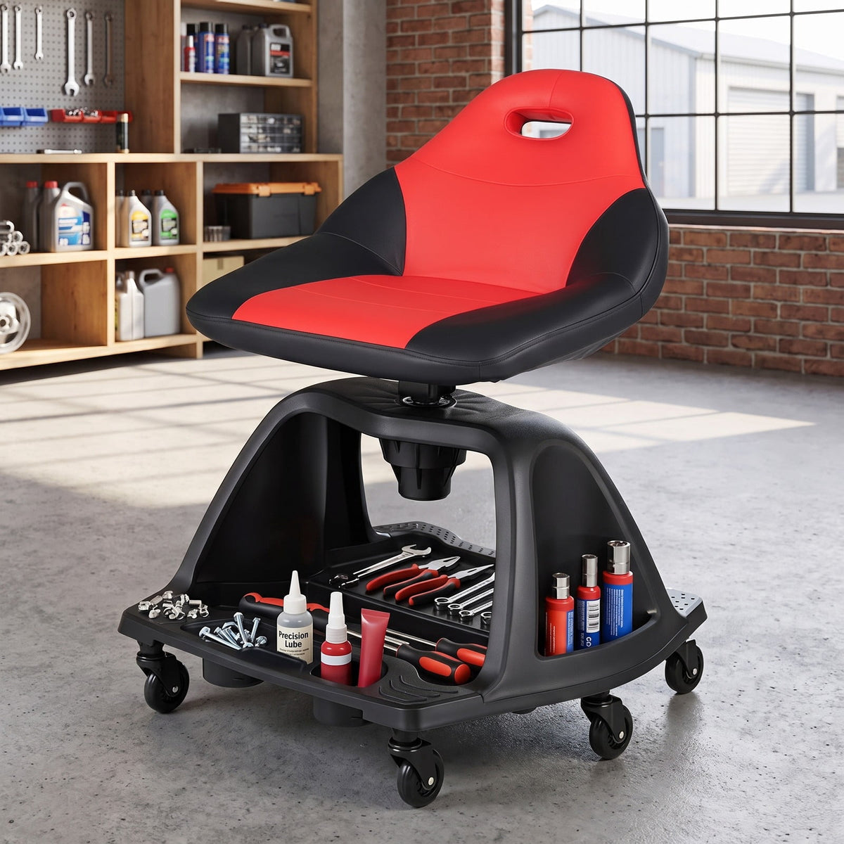Airfind 330 LBS Capacity Garage Mechanic Stool Seat with Backrest 6 Universal Wheels and Tool Tray Storage, 330 lbs Capacity, Red