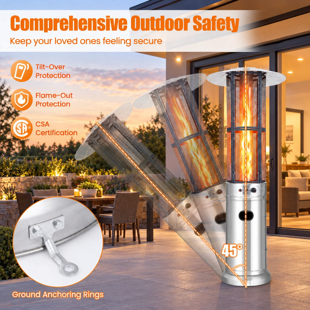 Airfind Outdoor Propane Patio Heater with Glass Tube and Tilt-Over Protection, Metal Frame, 27.5in x 74.5in Footprint, Silver