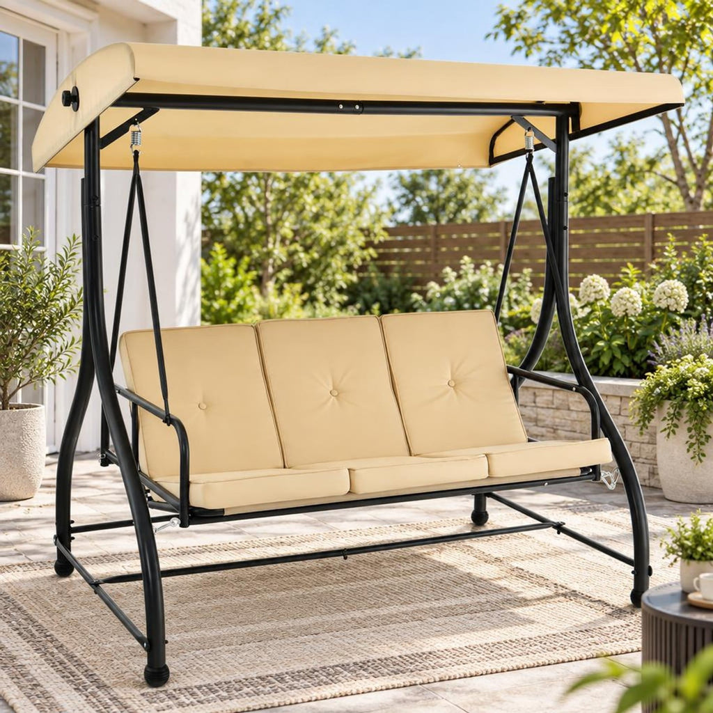 Airfind 3 Seat Outdoor Porch Swing with Adjustable Canopy, Metal Polyester Cotton Seat Height: 20 Frame, Beige