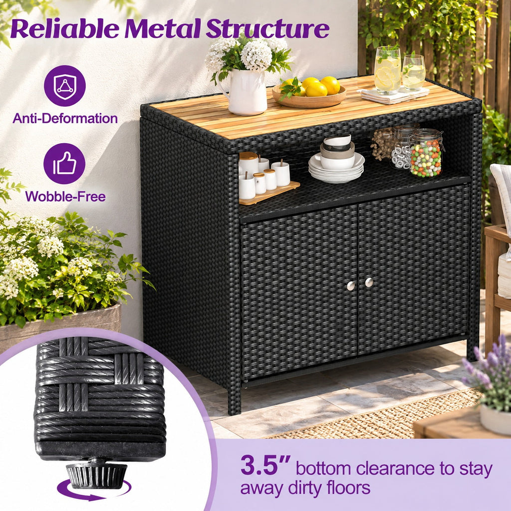 Airfind Rattan Storage Cabinet with Acacia Wood Countertop for Poolside Deck and Patio, 100 lbs Capacity, PE Rattan Acacia Wood Metal Frame, Black