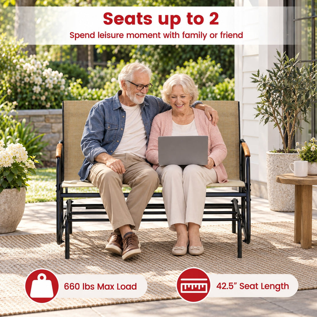 Airfind Patio Glider Bench with Curved Teak Armrests and Breathable Fabric Seat for 2 People, 660 lbs Capacity, Metal Fabric Teak Wood Frame, Brown