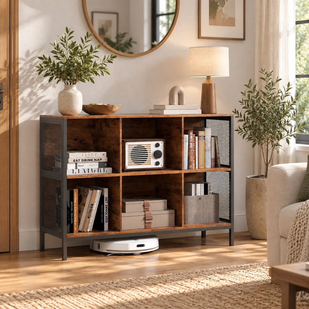 Airfind 6 Cube Bookcase 42 Wide Horizontal Bookshelf with Accent Cubby Shelf, 88 lbs Capacity, MDF Engineered Wood Metal Frame, Brown