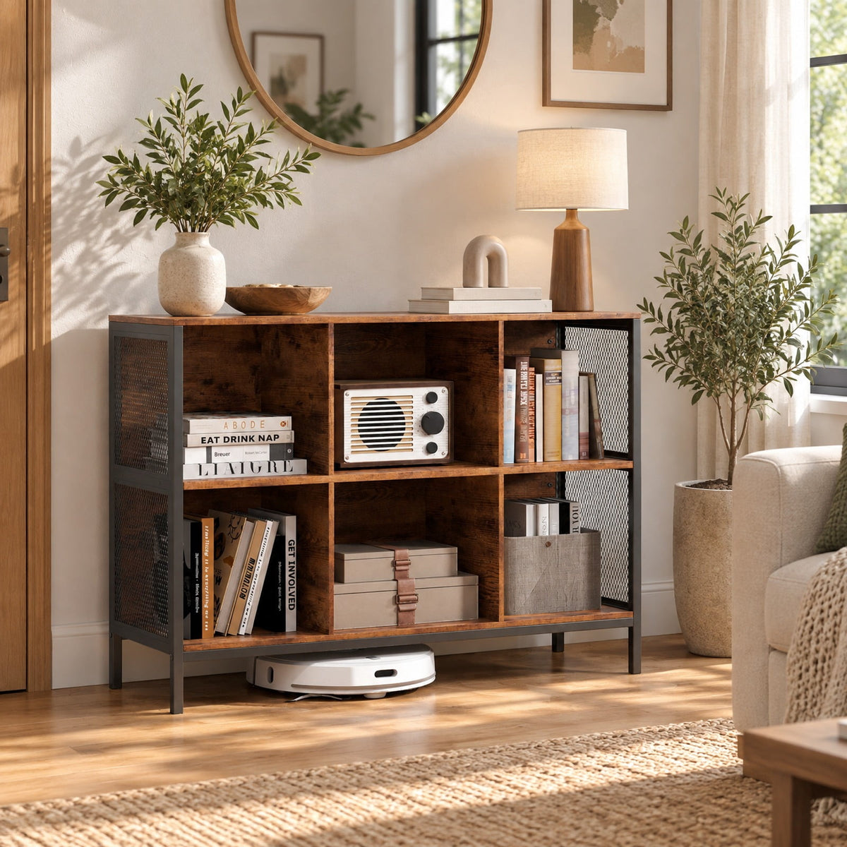 Airfind 6 Cube Bookcase 42 Wide Horizontal Bookshelf with Accent Cubby Shelf, 88 lbs Capacity, MDF Engineered Wood Metal Frame, Brown