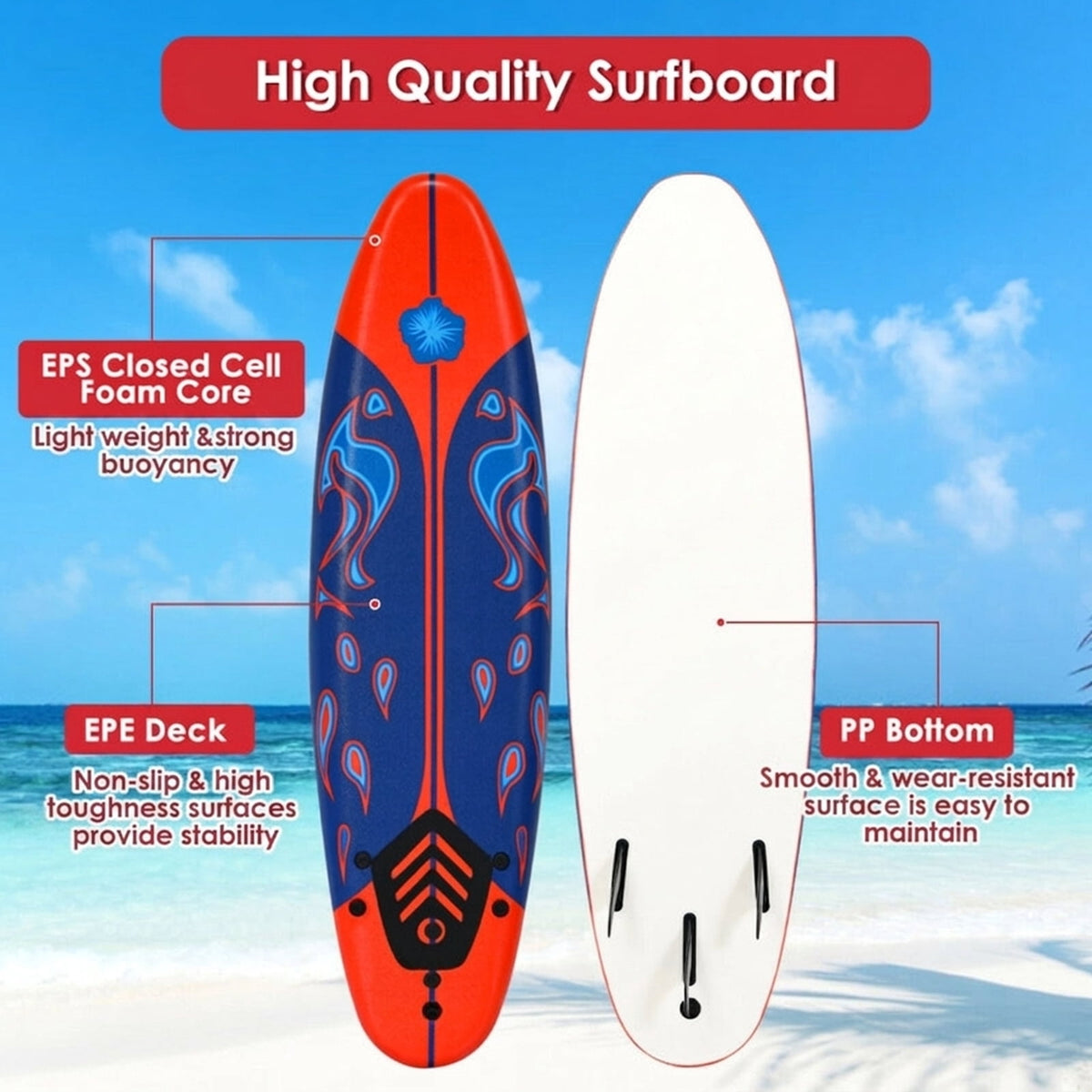 Airfind 6FT Foam Surfboard for Beginners, Adults Kids ¡ª 3 Detachable Thruster Fins, EPS Core, HDPE Slick Bottom, Leash Traction Pad Included (Red)