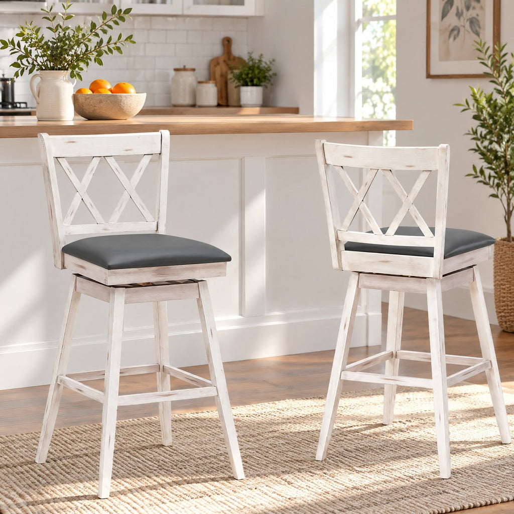 Airfind 2 Pieces 29 Inches Swivel Counter Height Barstool Set with Rubber Wood Legs, 265 lbs Capacity, PVC High density sponge rubber wood Frame