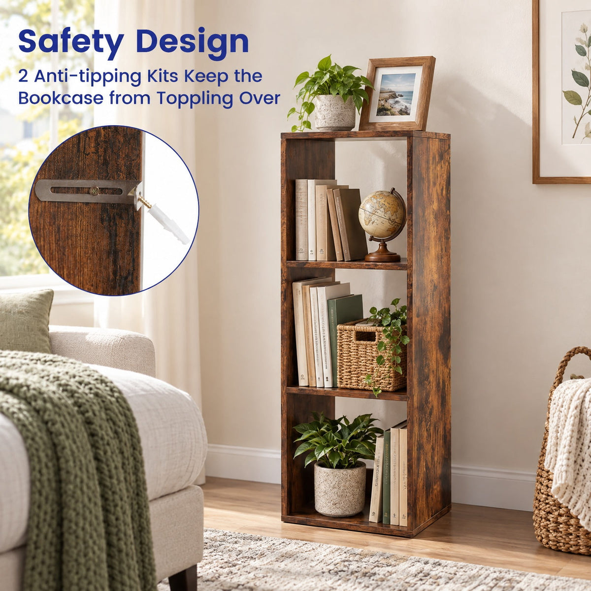 Airfind 3 Cube Bookshelf with Back Guardrail for Living Room Bedroom, Engineered Wood Frame, 14 Inch x 13 Inch x 41 Inch Depth of Bottom Shelf 12 Inch Footprint