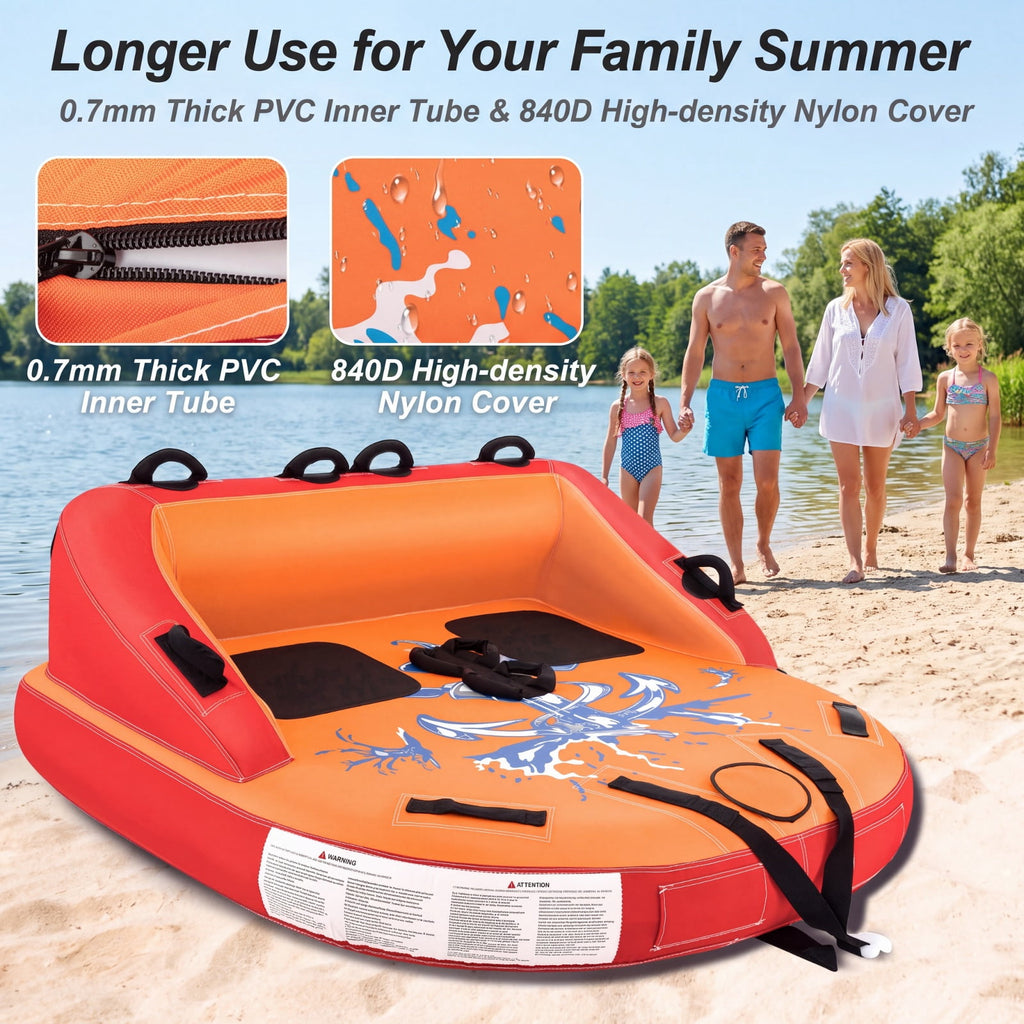 Airfind 2 Person Water Sport Inflatable Towable Tube for Boating with High Backrest and Padded Handles for Lake River and Sea Riding, Orange