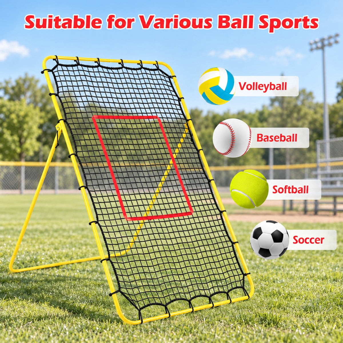 Airfind Volleyball Rebounder Net with 4 Adjustable Angles for Bumping and Spiking, Yellow + Red + BlackMaterial Metal PE PP Polyester FabricProduct
