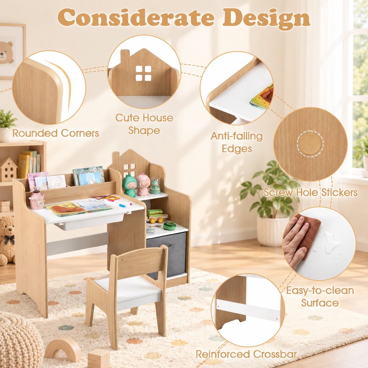 Airfind Kids Study Desk and Chair Set with Open Shelves Drawer and Fabric Storage Bin, 44 lbs Capacity, MDF Non-woven Fabric Desk Frame, Natural