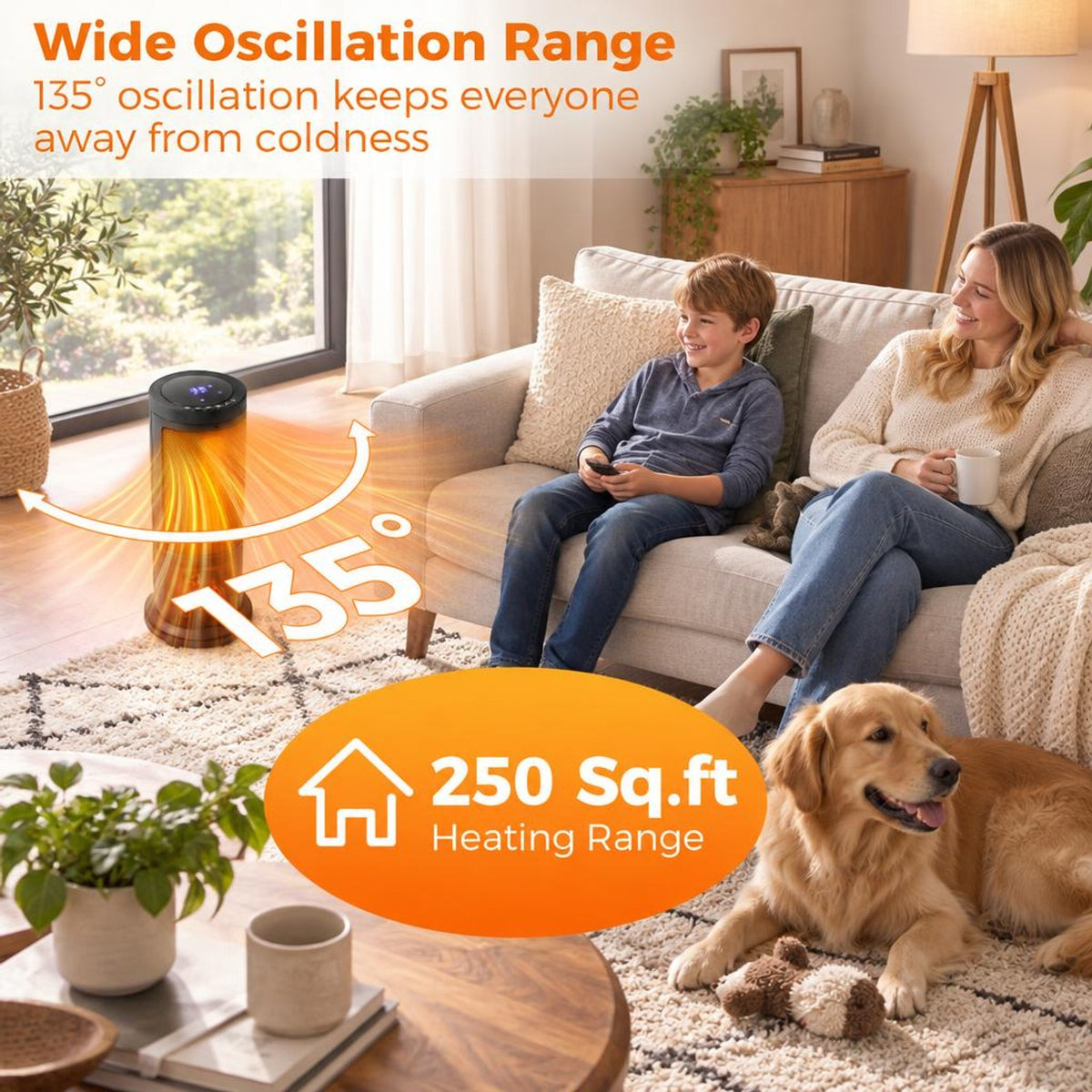 Airfind 17 Inch 1500W Portable Tower Space Heater with 135° Oscillation, PP Frame, 7.5in x 17in Cord Length 71in Footprint, Black