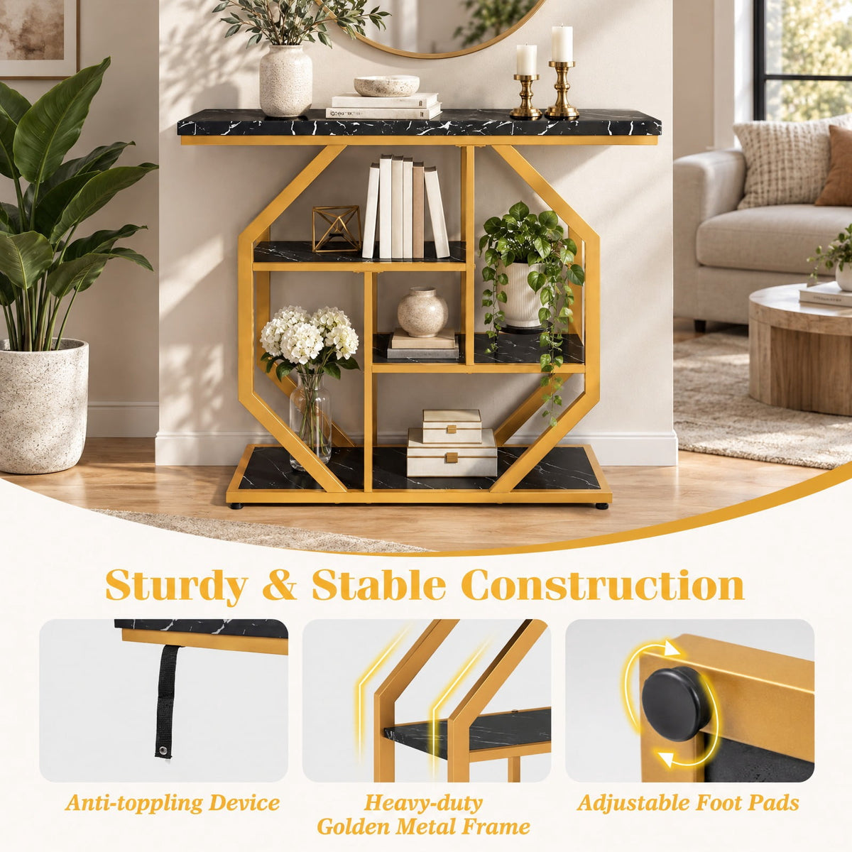Airfind Modern Sofa Table Behind Couch 4-Tier Console Table with Faux Marble Tabletop, 110 lbs Capacity, MDF Metal Frame, Black