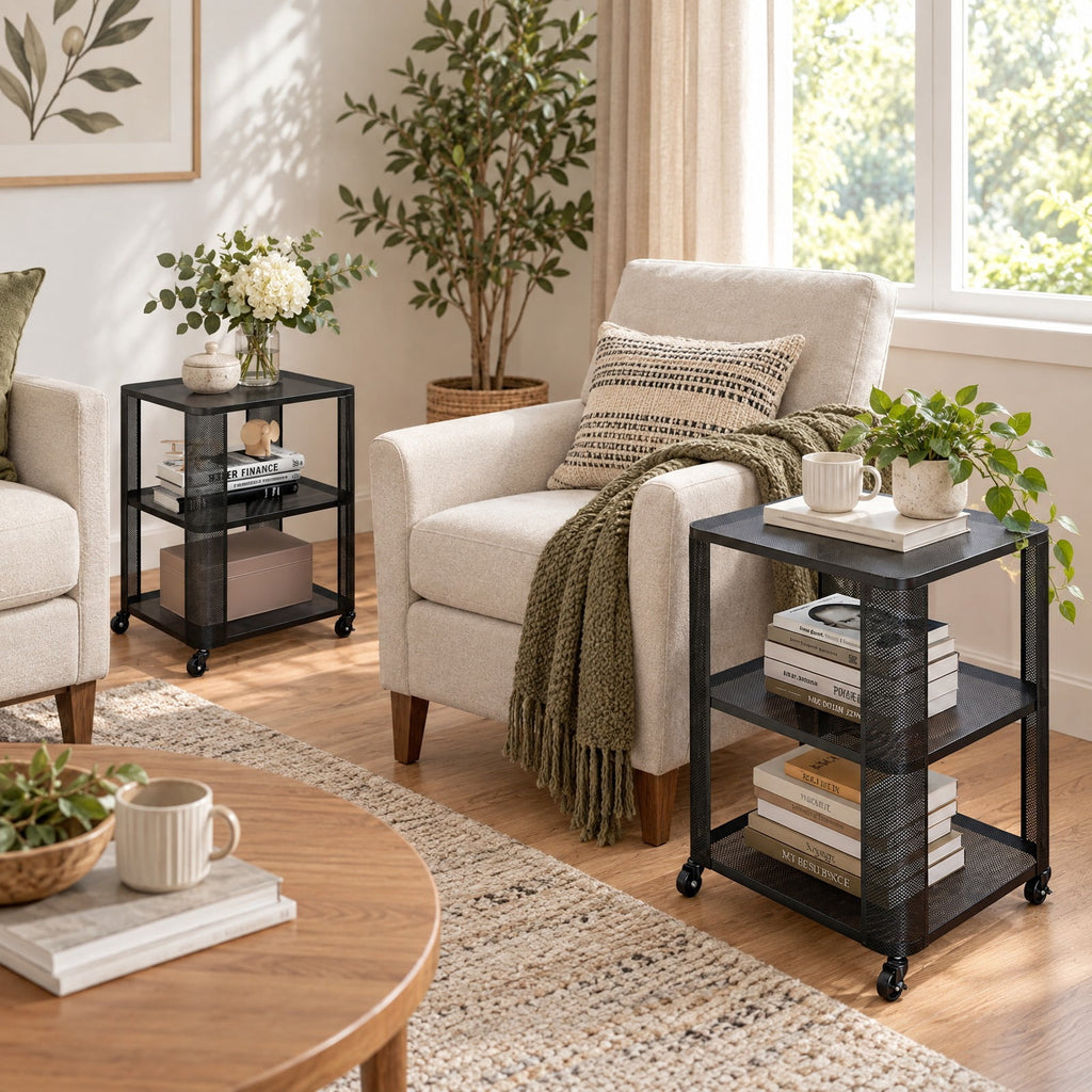 Airfind 3-Tier End Table with Wheels Rolling Side Table with Open Storage Shelves-Set of 2, 112 lbs Capacity, Metal Frame, 16 x 16 x 22 Footprint