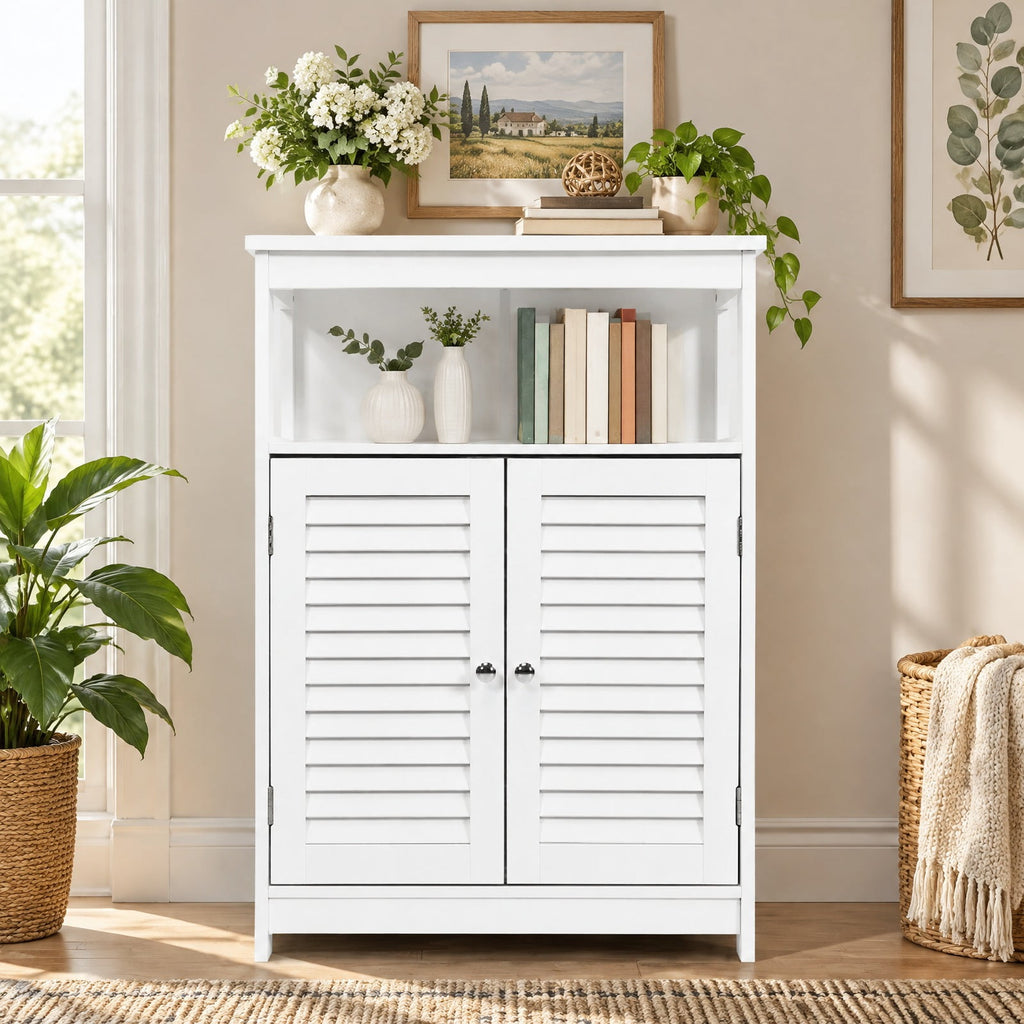 Airfind Wood Freestanding Bathroom Storage Cabinet with Double Shutter Door, 77 lbs Capacity, P2 MDF Frame, 23.5in x 12in x 31.5in Footprint, White