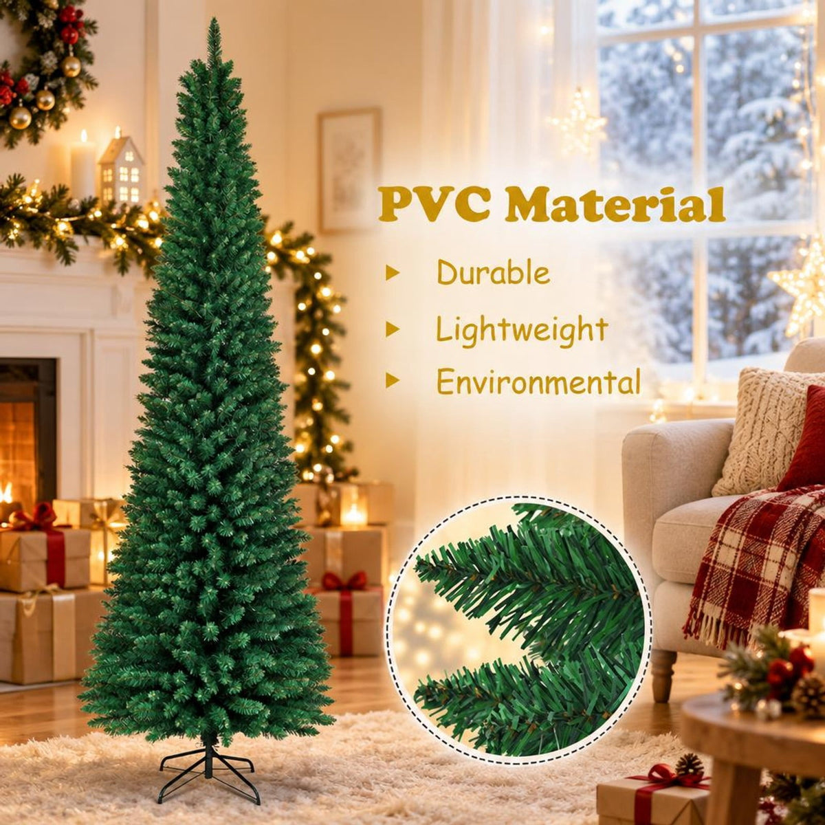 Airfind PVC Artificial Slim Pencil Christmas Tree-7 Feet, PVC iron 5 Ft: Frame, 2ft x 5ft Footprint, Green