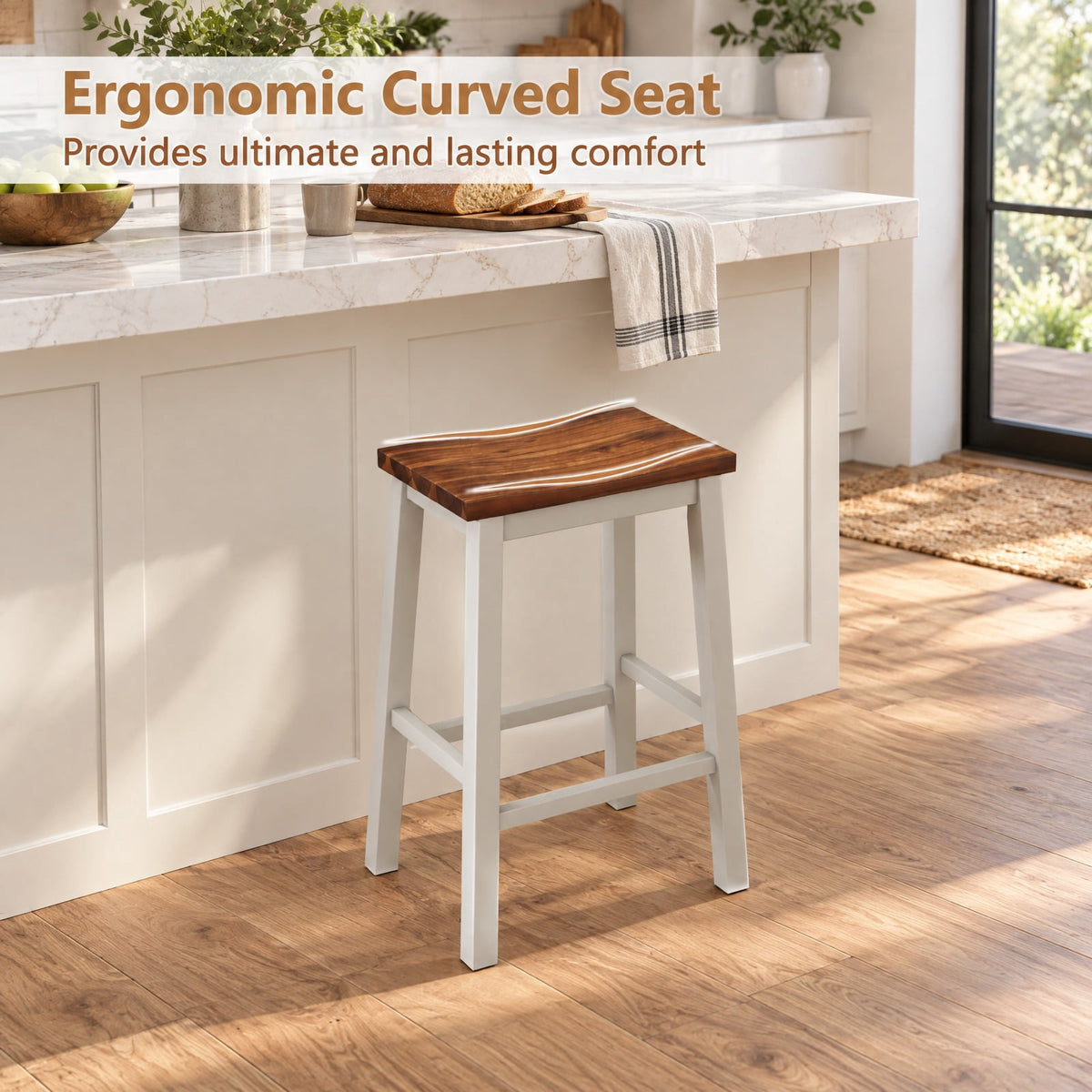 Airfind 24.5-Inch Set of 2 Saddle Stools Bar Stools with Footrests for Kitchen Island-Walnut and Gray, 350 lbs Capacity, Rubber Wood Acacia Wood Frame