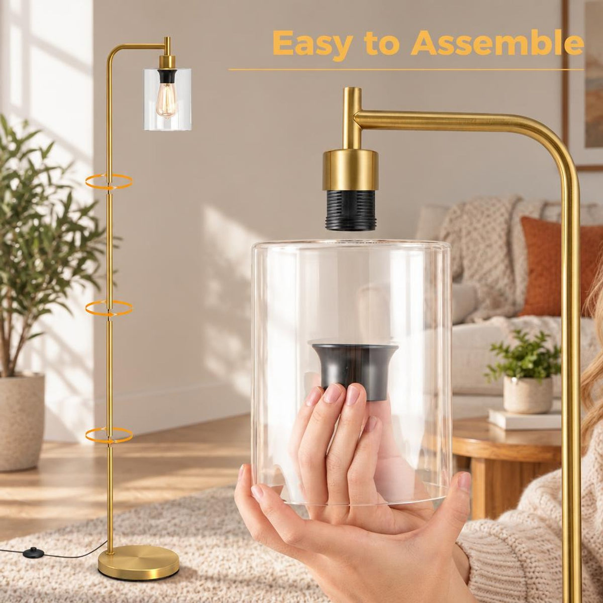 Airfind Modern Floor Lamp with Hanging Glass Lampshade and Foot Switch, 10in x 66inSize of Lampshade 5.5in x 6.5inLength of Footprint, Black