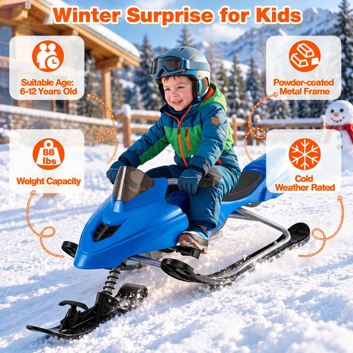 Airfind Kids Snow Racer Sled with Brakes and Tow Ropes and Steering Handle for Winter, 90 lbs Capacity, PP Metal Frame, for 6-12 Years Old, Blue